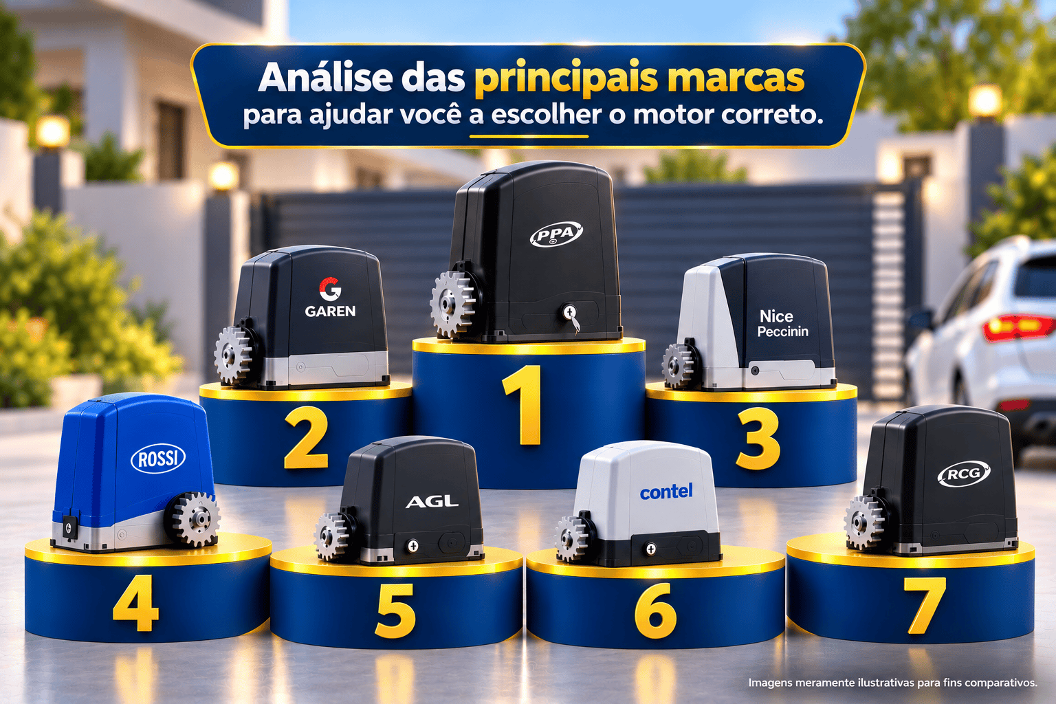 Pódio comparativo com as 7 melhores marcas de motores para portão eletrônico: PPA, Garen, Nice Peccinin, Rossi, AGL, Contel e RCG.